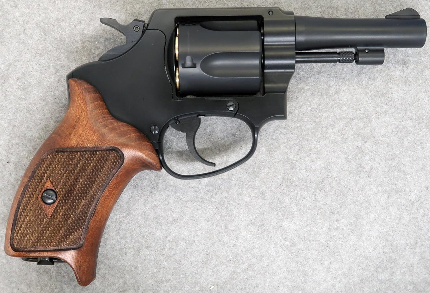 MARUSHIN Police Revolver 77mm Barrel Matte Black ABS Half Checker Wooden Grip Specification X Cartridge Series Gas Revolver